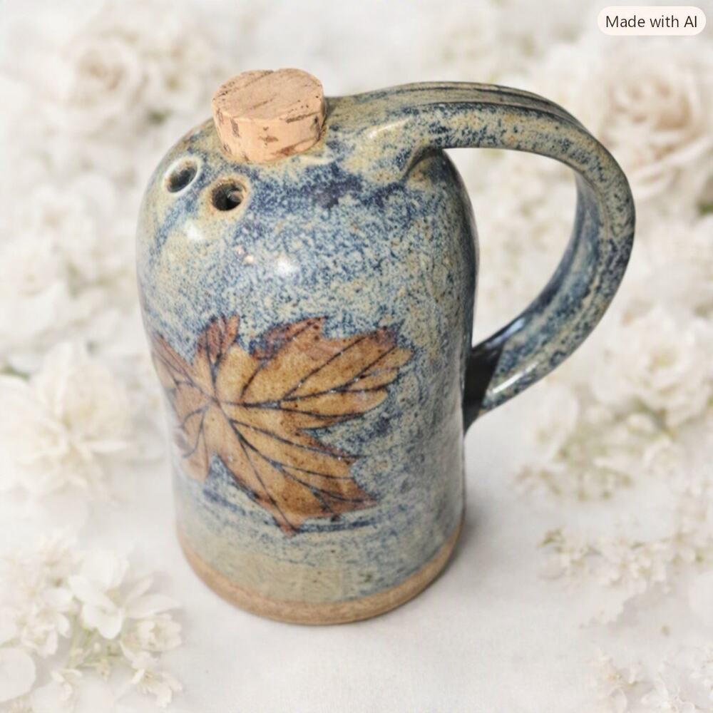 Vintage Speckled Ceramic Shaker Jug with Leaf Motif & Cork Top Blue Tan
